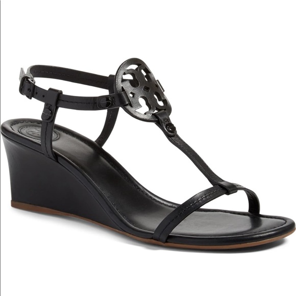 New TORY BURCH Miller Wedge Sandal Black - Picture 1 of 12